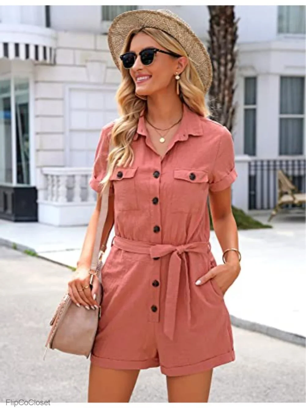 Women's Cotton Short Sleeve Button Down Romper with Belt
